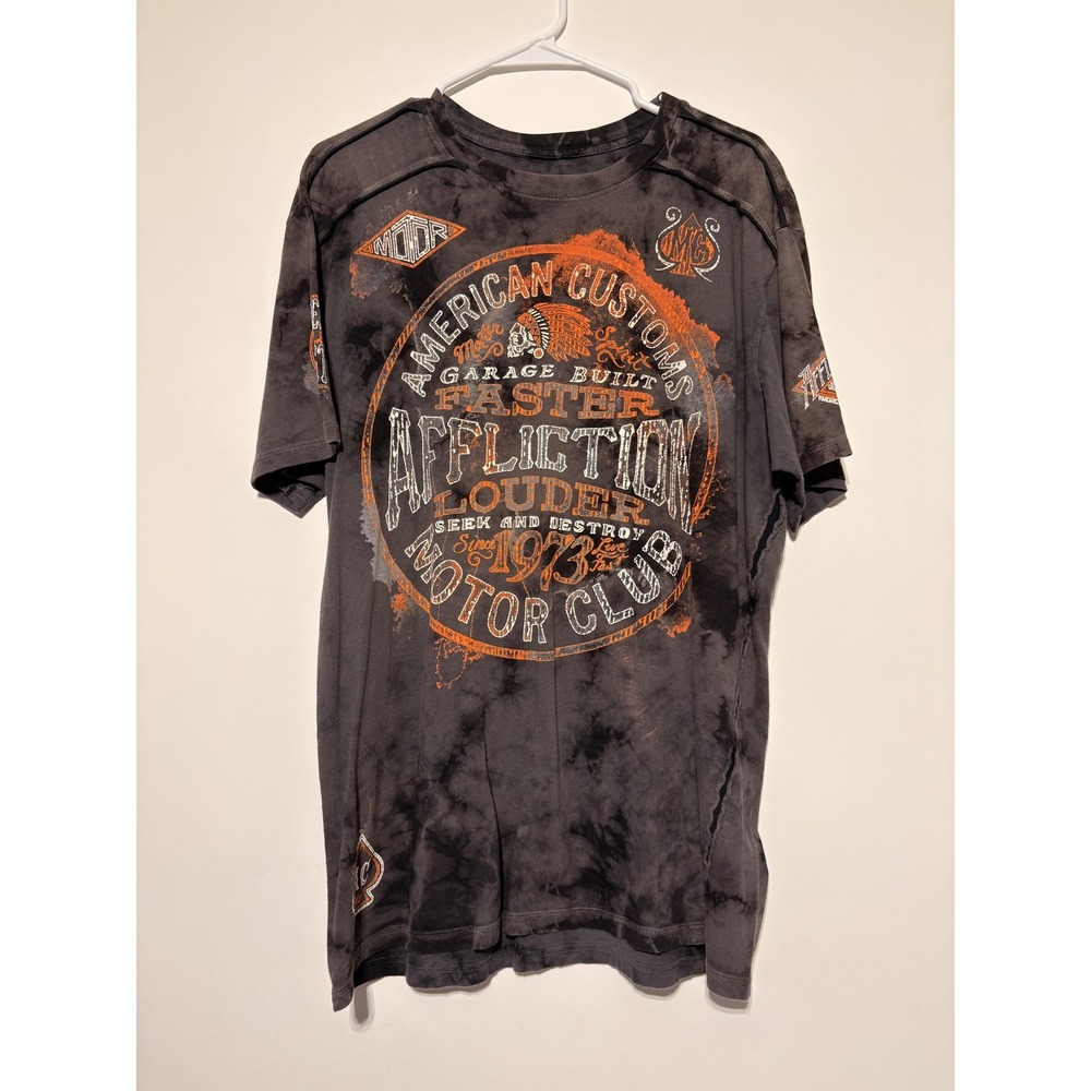 Affliction Shirt Mens XL Gray Orange American Customs Loud Motor Club 1973 Tee